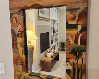 Leather hand painted framed wall mirror