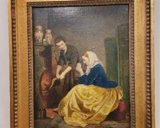 Antique painting depicting a family by the fire originally purchased at Selkirk Galleries