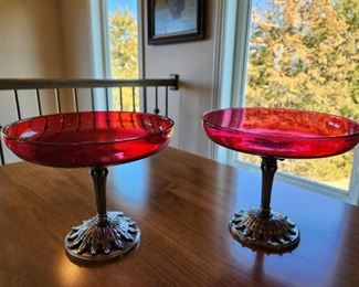Pair of silverplate and ruby glass antique compotes