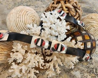Concho belt with sterling silver, read coral and black onyx