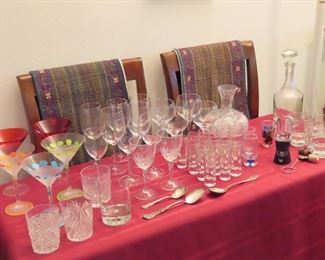 Barware, decanters, martini and shot glasses.