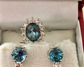 14k diamond/London blue topaz ring and earrings