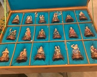18 Chinese Luohans in original Box.  Not Ivory or Bone