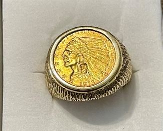 1913 Indian Head Gold Coin ring in 14k gold