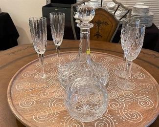 Block Crystal decanter, Waterford Stemware, large revolving wooden tray