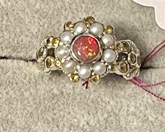 Citrine, opal and seed pearl ring size 8