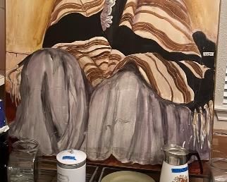 Native American woman leaning against wall oil on canvas 5’x4.5’