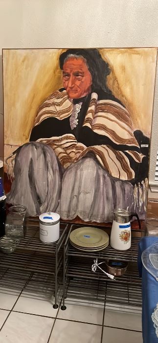 Native American woman leaning against wall oil on canvas 5’x4.5’