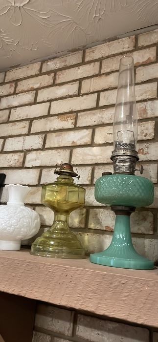 vaseline oil lamp $60 milk glass chimney $30, green opaque glass kerosene lamp with chimney $150