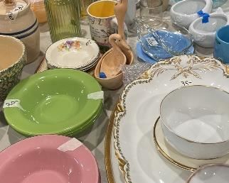Collectibles, oddities, 2 huge Haviland platters $25 stamped Limoges France, other porcelain condiment pieces from France $4-10; pink n green dessert bowls opaque bottom underside clear gloss top $20 for 4.