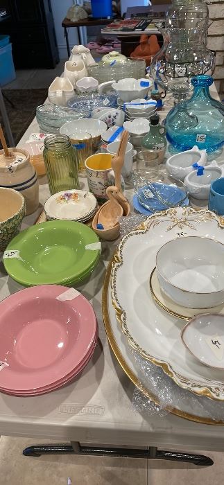 Collectibles, oddities, 2 huge Haviland platters $25 stamped Limoges France, other porcelain condiment pieces from France $4-10;  pink n green dessert bowls opaque bottom underside clear gloss top $20 for 4. 