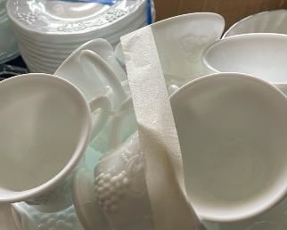 grape cluster motif milk glass hostess set of six plates 6 cups $30 Eight dinner plates $5 each.