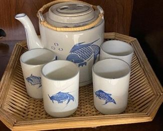 Double handle Tea set, hand-painted blue Koi Fish; 6-pc set including the tray