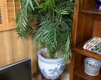 Large Faux Palm Tree in Blue & White Asian Planter, with stand 