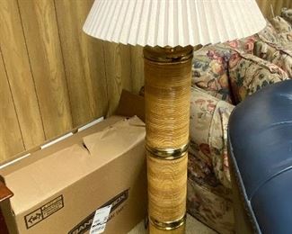 Wide brass and wood floor lamp