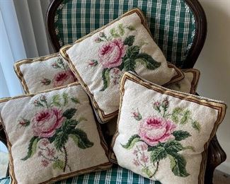 Vintage Needlepoint and Velvet Pink Rose Decorative Pillows 