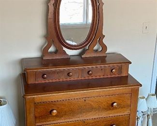 BUY IT NOW! $200. Antique 5-drawer Dresser features dovetail seams and attached mirror. Measures 39.5"w x 18"d x 6' h