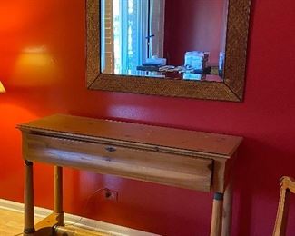 BUY IT NOW! $200 One-drawer high console table with knots, by Richard Honquest; measures  54"w x 18"d x 34"h.  Large rattan mirror is 45"x 32"