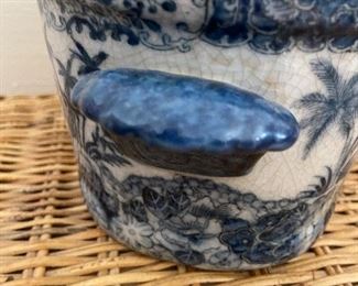 Antique Asian style blue/white cache pot with interior koi fish design; 11"w x 6.5"d x5"h
