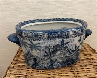 Antique Asian style blue/white cache pot with interior koi fish design; 11"w x 6.5"d x5"h