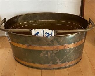 Vintage copper bucket with Delft styled handle; used for firewood