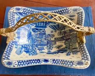 Antique Asian style Blue & White rectangular pedestal dish with brass handle 