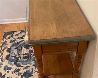 BUY IT NOW! $200 Two-drawer solid rock maple table with lower shelf by Sprague Carlton, New Hampshire. Measures: 46w x 28.5"h x 15.5d