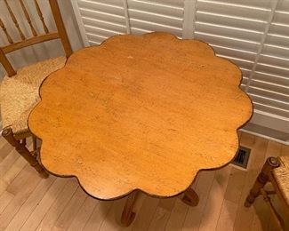 BUY IT NOW $250 Vintage Pie Crust Table by Drexel, with farmhouse chairs. Measures 29"d x 29"h 