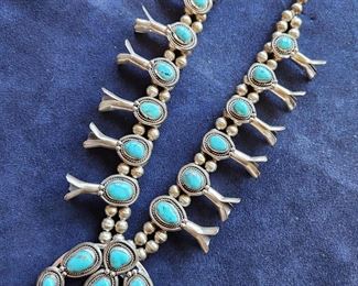Turquoise and Silver Squash Blossom Southwestern Necklace. 