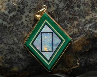 10K Malachite & Opal Geometric Art Deco Pendant
