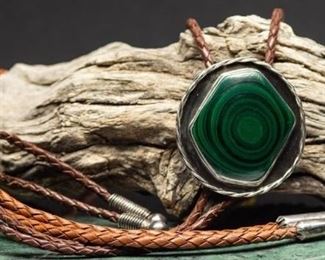 Sterling Silver & Malachite Bolo Tie 75.48g
