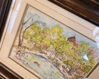 Watercolor print signed by Artist - Ashland Pond w/Shakespeare in Background - Carolee Buck