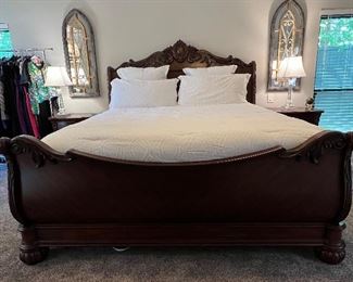 Primary Bedroom/Bath~

Beveled Sunflower Mirror..
McFerran Home Furnishings heavy Wooden Bedroom Furniture..
Hooker Media Cabinet/Console with Glass Center and Carved Door Details..
Howard Miller Mantle Clock..
Pair of Arched European Cathedral Style Mirrors..
Cosmetics from L’Oréal, Covergirl and Bronze Booster..