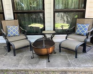 Patio/Courtyard~

Summer Entertainment Serving Pieces..
5pc Metal Outdoor Patio Dining Set..
Suncast Woven Cushion Storage Chest and Waste Receptacle..
Garden Statues and Potted Plants..
