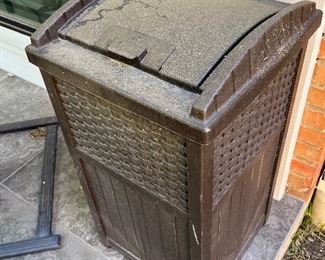 Patio/Courtyard~

Summer Entertainment Serving Pieces..
5pc Metal Outdoor Patio Dining Set..
Suncast Woven Cushion Storage Chest and Waste Receptacle..
Garden Statues and Potted Plants..
