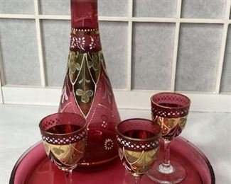 008 Elegant Vintage Garnet Red Glass Decanter Set