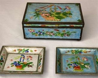 Antique Enameled CigaretteTrinket Box with Two Enameled Ashtrays