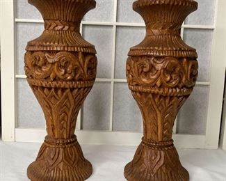 Pair Of Carved Wooden Vases