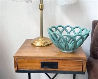 Side table, lamp, decorative bowl