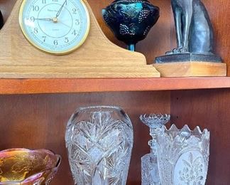 Clock, statues, candy dish, vases