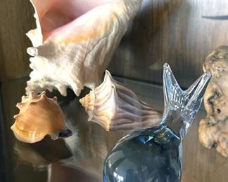 Sea shells, glass whale
