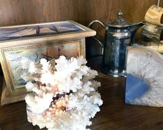 Coral, bookends, decorative box, tea pot