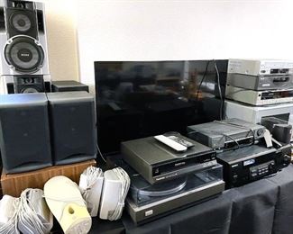Vizio flat screen TVs (3+)
Samsung soundbar&nbsp;
Samsung flat-screen TV
Sharp flat-screen TV
Panasonic VHS player&nbsp;
Raite DVD/VCD/SVCD/CD/MP3 player
GoVideo VHS/DVD player
Hitachi double azimuth 4head
Kenwood audio-video surround sound
Panasonic Sunwoofer
Sansui record player&nbsp;
Sony, JLB speakers&nbsp;