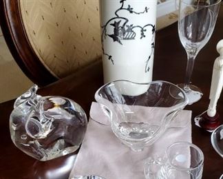 Steuben Glass pieces & Belleek Sterling overlay vase
