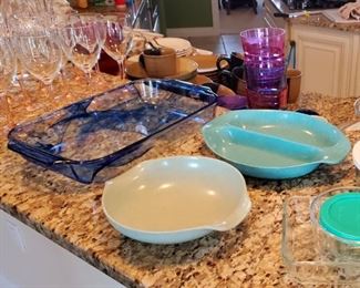 Pyrex Watercolor Baking dish & Russel Wright Melamine Dishes