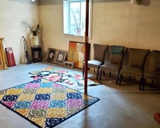 Decorator Rugs, Large Mirror, Artwork, (4) Decorative Chairs and more