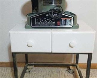 6 DELTA B.O.S.S.bench oscillating spindle sander, mounted on bench with casters and drawers