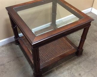 WOODEN CANE BASE GLASS TOP END TABLE