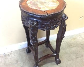 VTG. CARVED ROSEWOOD INLAID MARBLE STAND