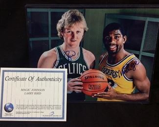 AUTOGRAPHED MAGIC JOHNSON & LARRY BIRD PHOTO w CLASSIC SPORTS COLLECTIBLES COA,